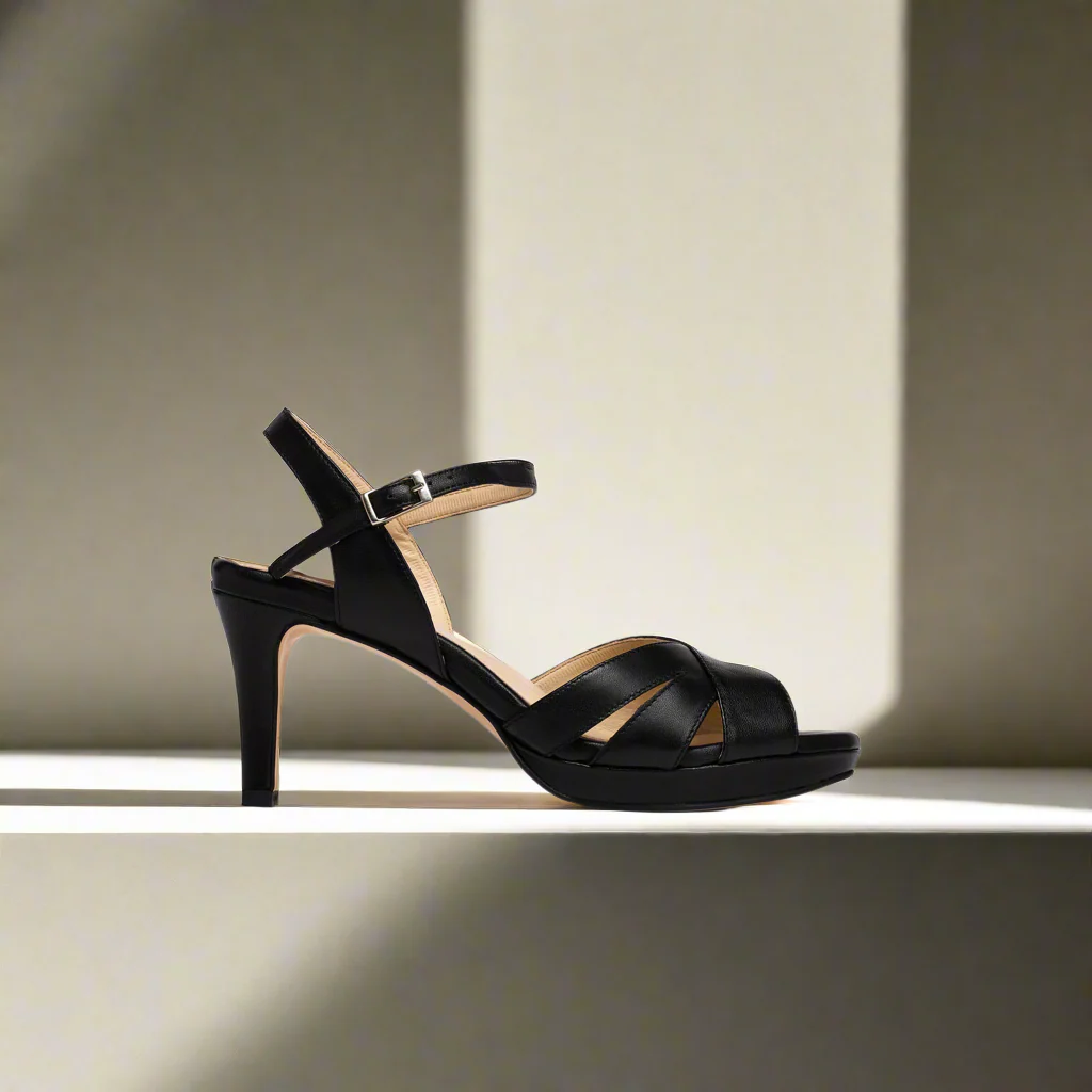 Emily - Black Leather Heeled Sandals