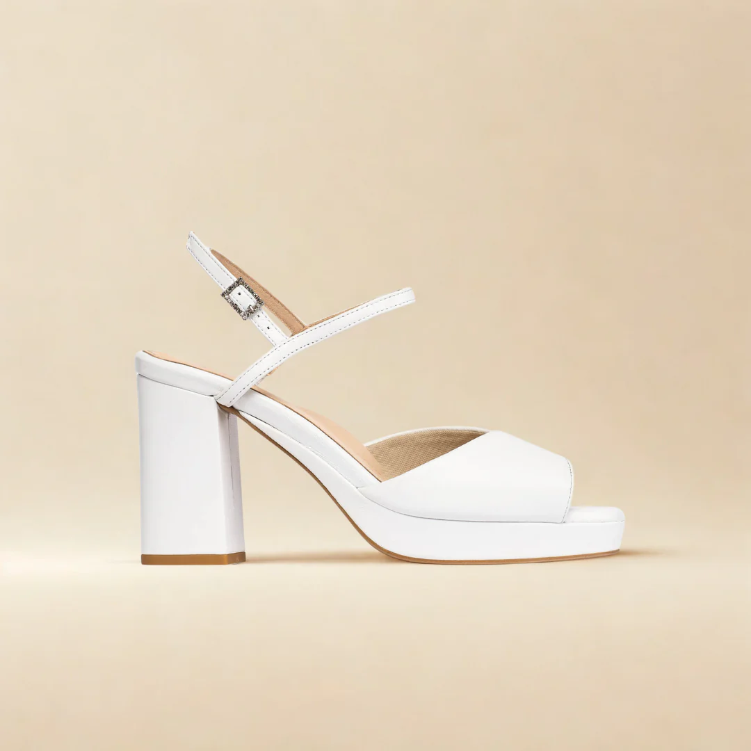 Margot - White Leather Block Heels